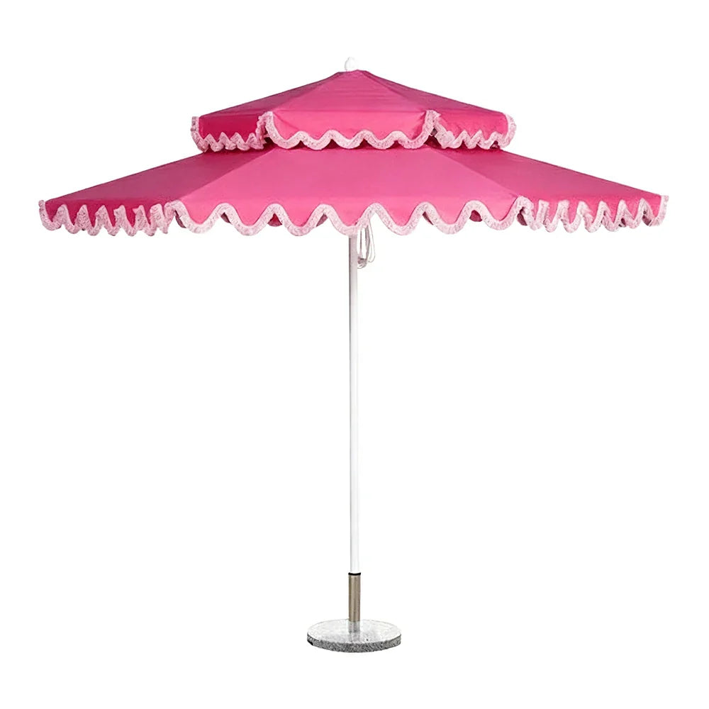 SOLARA Outdoor Patio Umbrella - 250/270cm Round Double-Tier Canopy with French Scalloped Valance, Better Venting & Wind Stability, Sun & Rain Protection, 20kg Marble Base Included - Pink