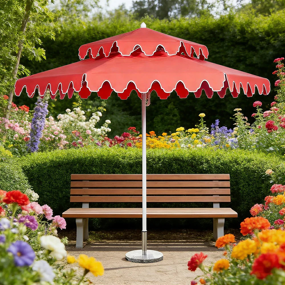 SOLARA Outdoor Patio Umbrella - 250/270cm Round Double-Tier Canopy with French Scalloped Valance, Better Venting & Wind Stability, Sun & Rain Protection, 20kg Marble Base Included - Coral Pink