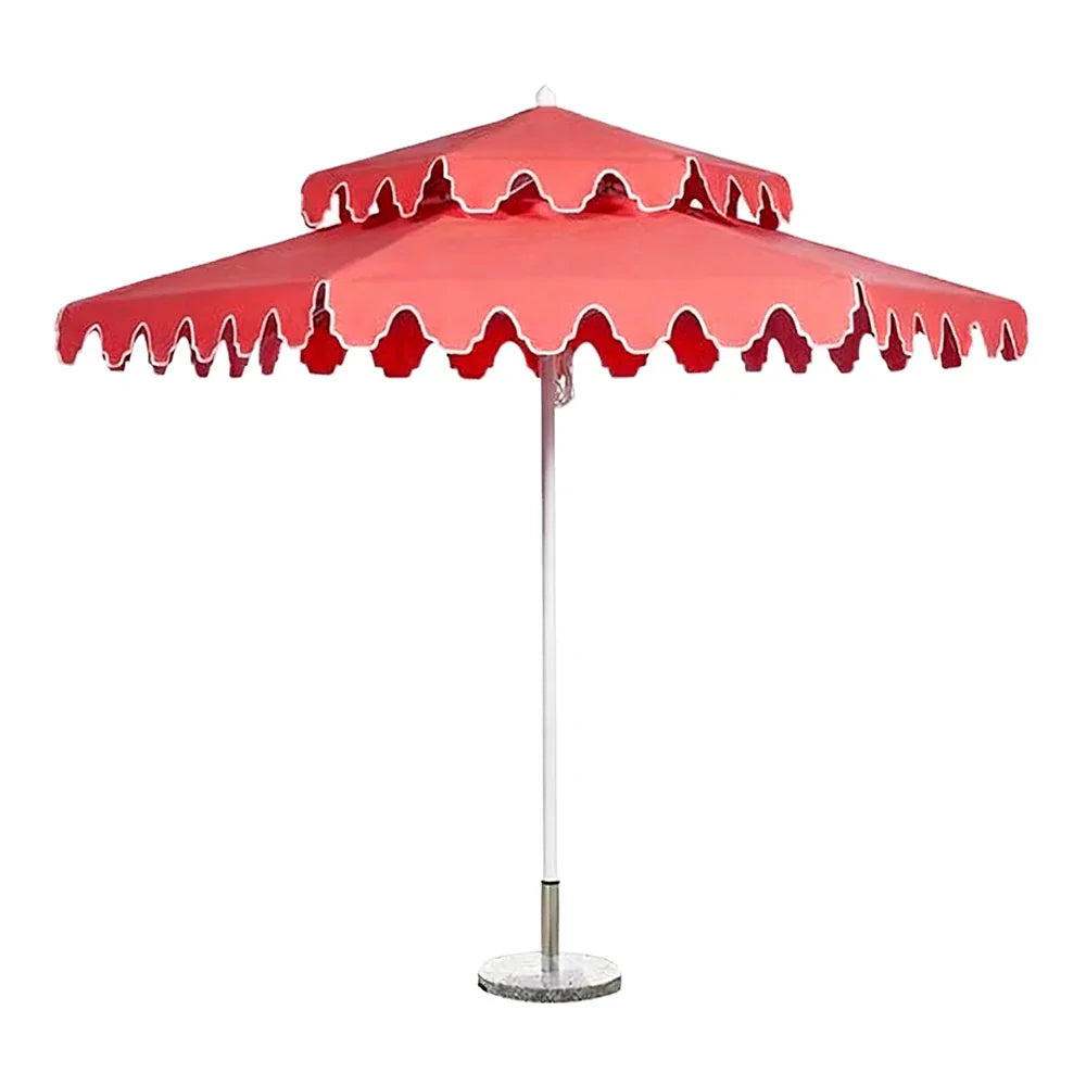 SOLARA Outdoor Patio Umbrella - 250/270cm Round Double-Tier Canopy with French Scalloped Valance, Better Venting & Wind Stability, Sun & Rain Protection, 20kg Marble Base Included - Coral Pink