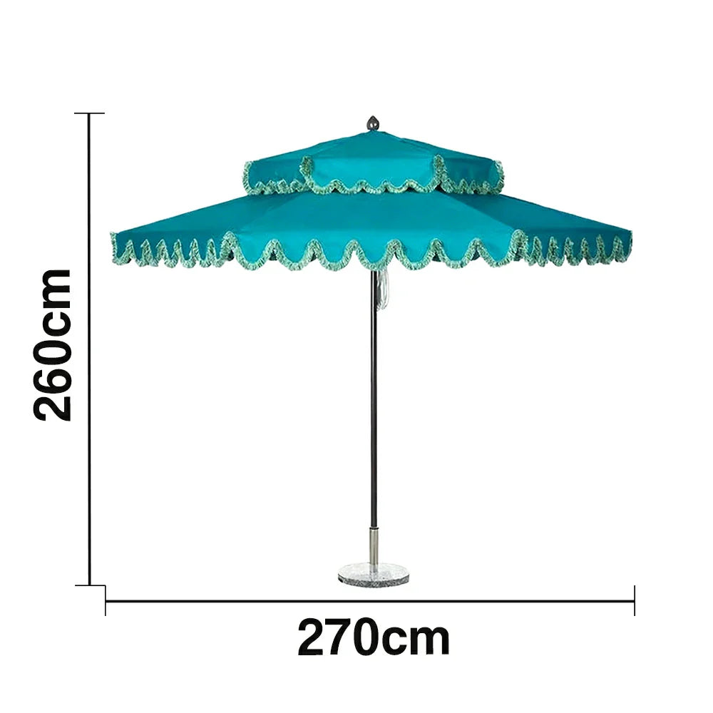 SOLARA Outdoor Patio Umbrella - 250/270cm Round Double-Tier Canopy with French Scalloped Valance, Better Venting & Wind Stability, Sun & Rain Protection, 20kg Marble Base Included - Peacock Blue