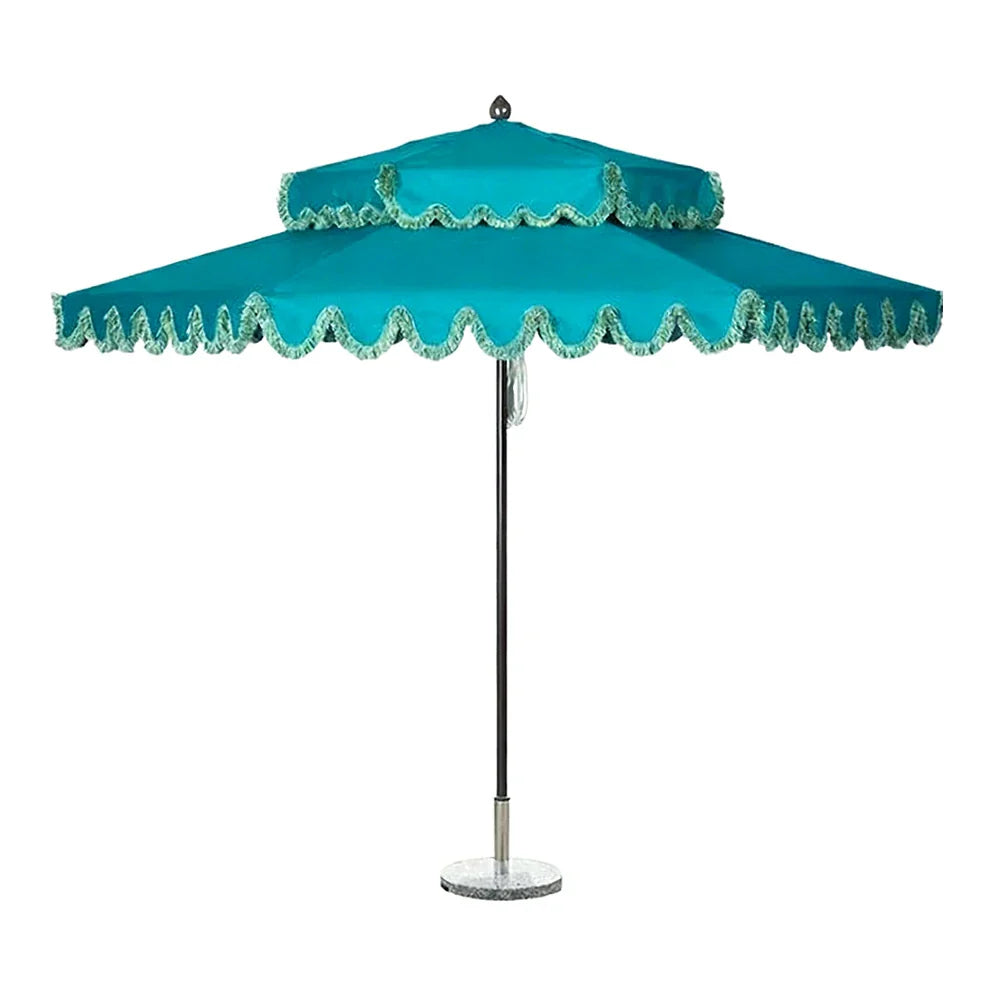 SOLARA Outdoor Patio Umbrella - 250/270cm Round Double-Tier Canopy with French Scalloped Valance, Better Venting & Wind Stability, Sun & Rain Protection, 20kg Marble Base Included - Peacock Blue