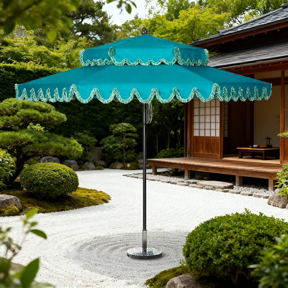 SOLARA Outdoor Patio Umbrella - 250/270cm Round Double-Tier Canopy with French Scalloped Valance, Better Venting & Wind Stability, Sun & Rain Protection, 20kg Marble Base Included - Peacock Blue