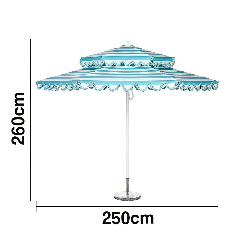 SOLARA Outdoor Patio Umbrella - 250/270cm Round Double-Tier Canopy with French Scalloped Valance, Better Venting & Wind Stability, Sun & Rain Protection, 20kg Marble Base Included - Blue