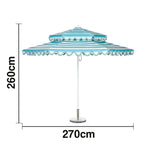 SOLARA Outdoor Patio Umbrella - 250/270cm Round Double-Tier Canopy with French Scalloped Valance, Better Venting & Wind Stability, Sun & Rain Protection, 20kg Marble Base Included - Blue