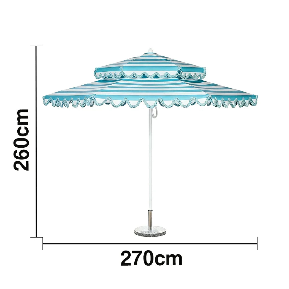 SOLARA Outdoor Patio Umbrella - 250/270cm Round Double-Tier Canopy with French Scalloped Valance, Better Venting & Wind Stability, Sun & Rain Protection, 20kg Marble Base Included - Blue