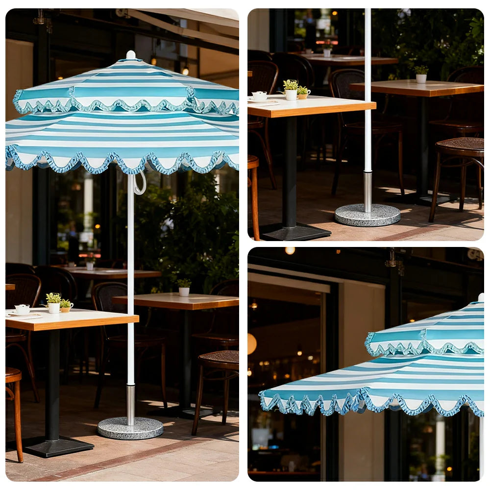 SOLARA Outdoor Patio Umbrella - 250/270cm Round Double-Tier Canopy with French Scalloped Valance, Better Venting & Wind Stability, Sun & Rain Protection, 20kg Marble Base Included - Blue