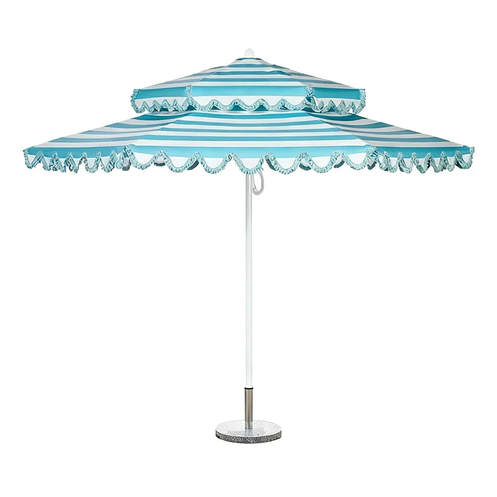 SOLARA Outdoor Patio Umbrella - 250/270cm Round Double-Tier Canopy with French Scalloped Valance, Better Venting & Wind Stability, Sun & Rain Protection, 20kg Marble Base Included - Blue