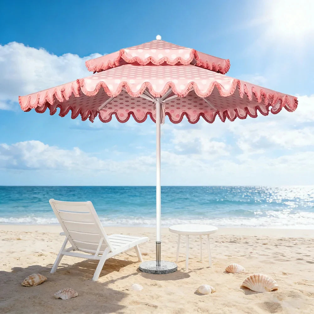 SOLARA Outdoor Patio Umbrella - 250/270cm Round Double-Tier Canopy with French Scalloped Valance, Better Venting & Wind Stability, Sun & Rain Protection, 20kg Marble Base Included - Pink Polka Dot