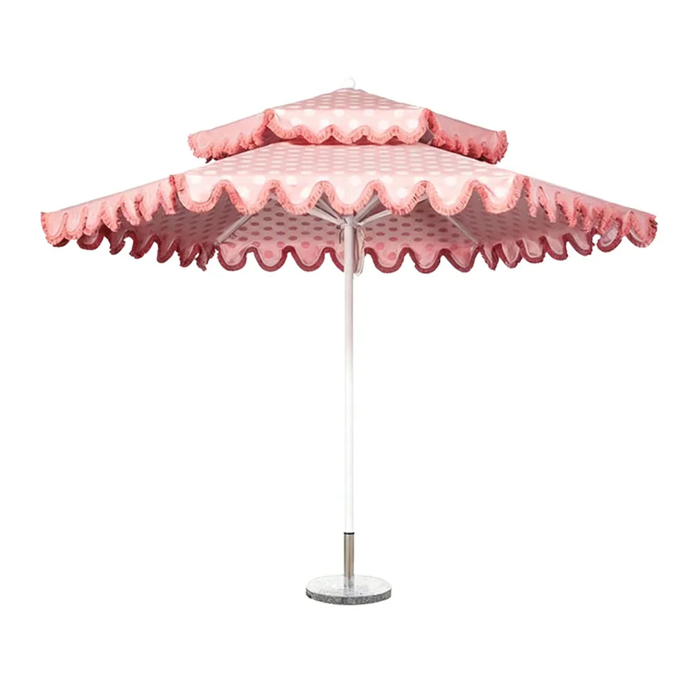 SOLARA Outdoor Patio Umbrella - 250/270cm Round Double-Tier Canopy with French Scalloped Valance, Better Venting & Wind Stability, Sun & Rain Protection, 20kg Marble Base Included - Pink Polka Dot