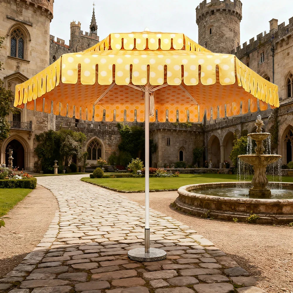 SOLARA Outdoor Patio Umbrella - 250/270cm Round Double-Tier Canopy with French Scalloped Valance, Better Venting & Wind Stability, Sun & Rain Protection, 20kg Marble Base Included - Yellow Polka Dot