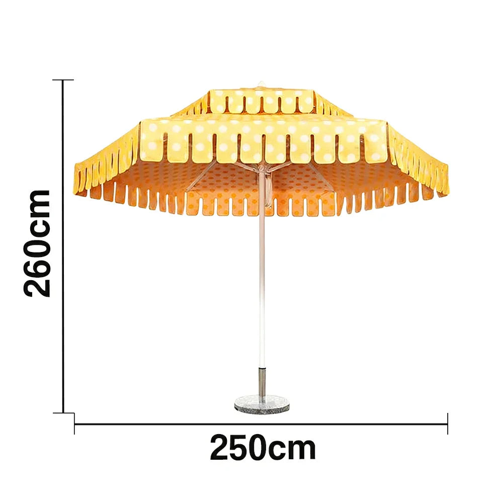 SOLARA Outdoor Patio Umbrella - 250/270cm Round Double-Tier Canopy with French Scalloped Valance, Better Venting & Wind Stability, Sun & Rain Protection, 20kg Marble Base Included - Yellow Polka Dot