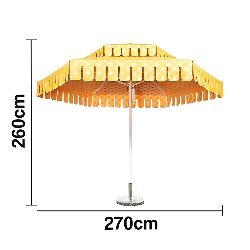 SOLARA Outdoor Patio Umbrella - 250/270cm Round Double-Tier Canopy with French Scalloped Valance, Better Venting & Wind Stability, Sun & Rain Protection, 20kg Marble Base Included - Yellow Polka Dot
