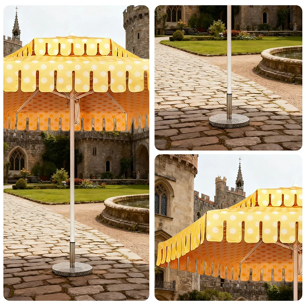 SOLARA Outdoor Patio Umbrella - 250/270cm Round Double-Tier Canopy with French Scalloped Valance, Better Venting & Wind Stability, Sun & Rain Protection, 20kg Marble Base Included - Yellow Polka Dot