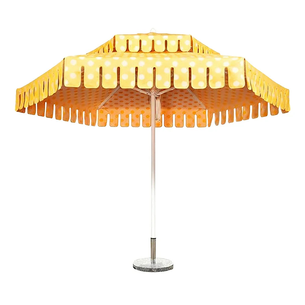 SOLARA Outdoor Patio Umbrella - 250/270cm Round Double-Tier Canopy with French Scalloped Valance, Better Venting & Wind Stability, Sun & Rain Protection, 20kg Marble Base Included - Yellow Polka Dot