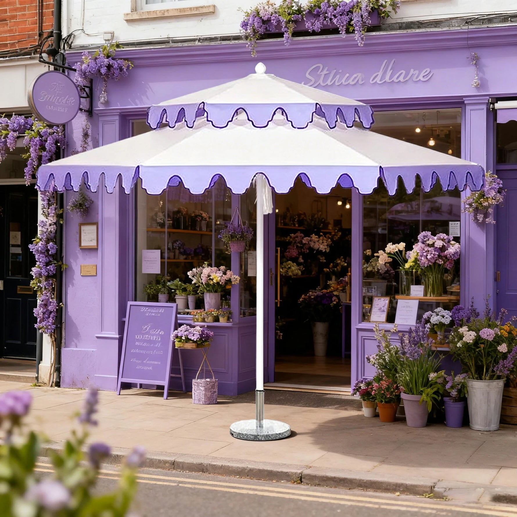 SOLARA Outdoor Patio Umbrella - 250/270cm Round Double-Tier Canopy with French Scalloped Valance, Better Venting & Wind Stability, Sun & Rain Protection, 20kg Marble Base Included - Purple & White