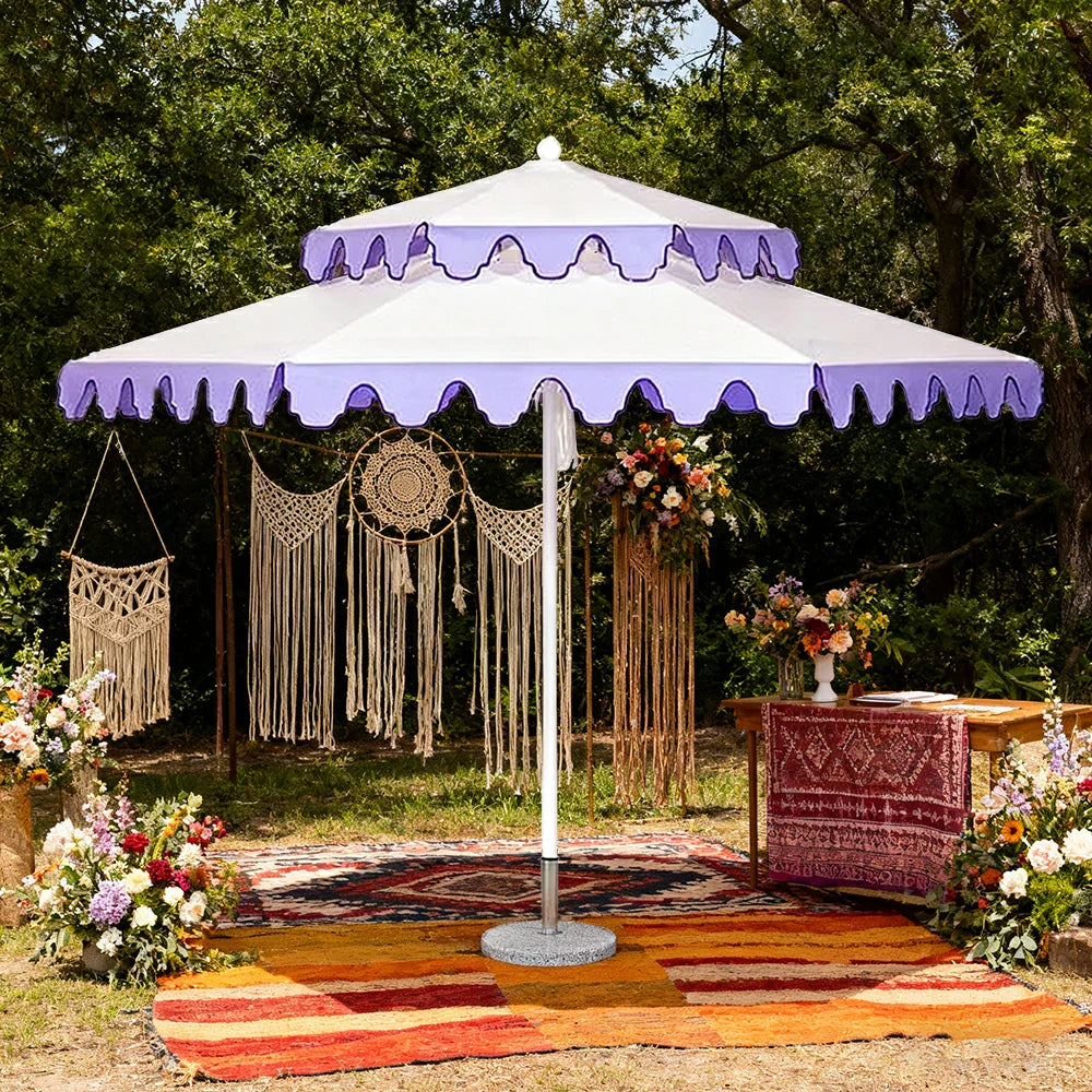 SOLARA Outdoor Patio Umbrella - 250/270cm Round Double-Tier Canopy with French Scalloped Valance, Better Venting & Wind Stability, Sun & Rain Protection, 20kg Marble Base Included - Purple & White