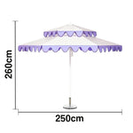 SOLARA Outdoor Patio Umbrella - 250/270cm Round Double-Tier Canopy with French Scalloped Valance, Better Venting & Wind Stability, Sun & Rain Protection, 20kg Marble Base Included - Purple & White