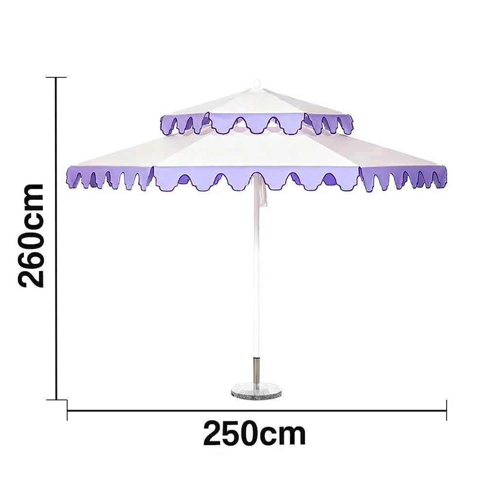 SOLARA Outdoor Patio Umbrella - 250/270cm Round Double-Tier Canopy with French Scalloped Valance, Better Venting & Wind Stability, Sun & Rain Protection, 20kg Marble Base Included - Purple & White