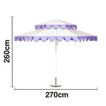 SOLARA Outdoor Patio Umbrella - 250/270cm Round Double-Tier Canopy with French Scalloped Valance, Better Venting & Wind Stability, Sun & Rain Protection, 20kg Marble Base Included - Purple & White