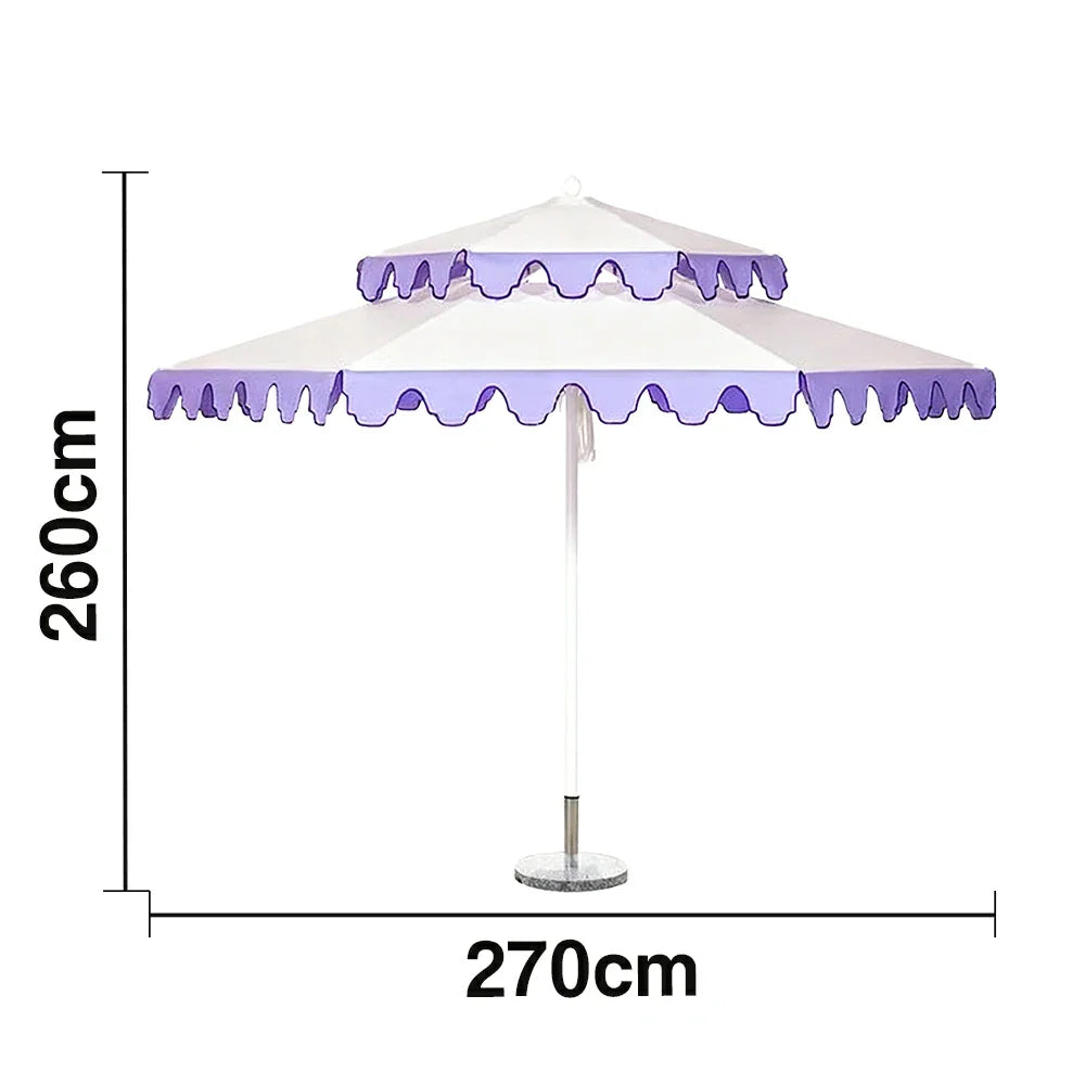 SOLARA Outdoor Patio Umbrella - 250/270cm Round Double-Tier Canopy with French Scalloped Valance, Better Venting & Wind Stability, Sun & Rain Protection, 20kg Marble Base Included - Purple & White