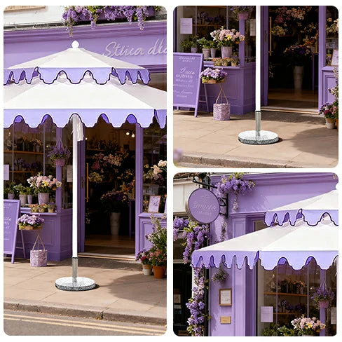 SOLARA Outdoor Patio Umbrella - 250/270cm Round Double-Tier Canopy with French Scalloped Valance, Better Venting & Wind Stability, Sun & Rain Protection, 20kg Marble Base Included - Purple & White