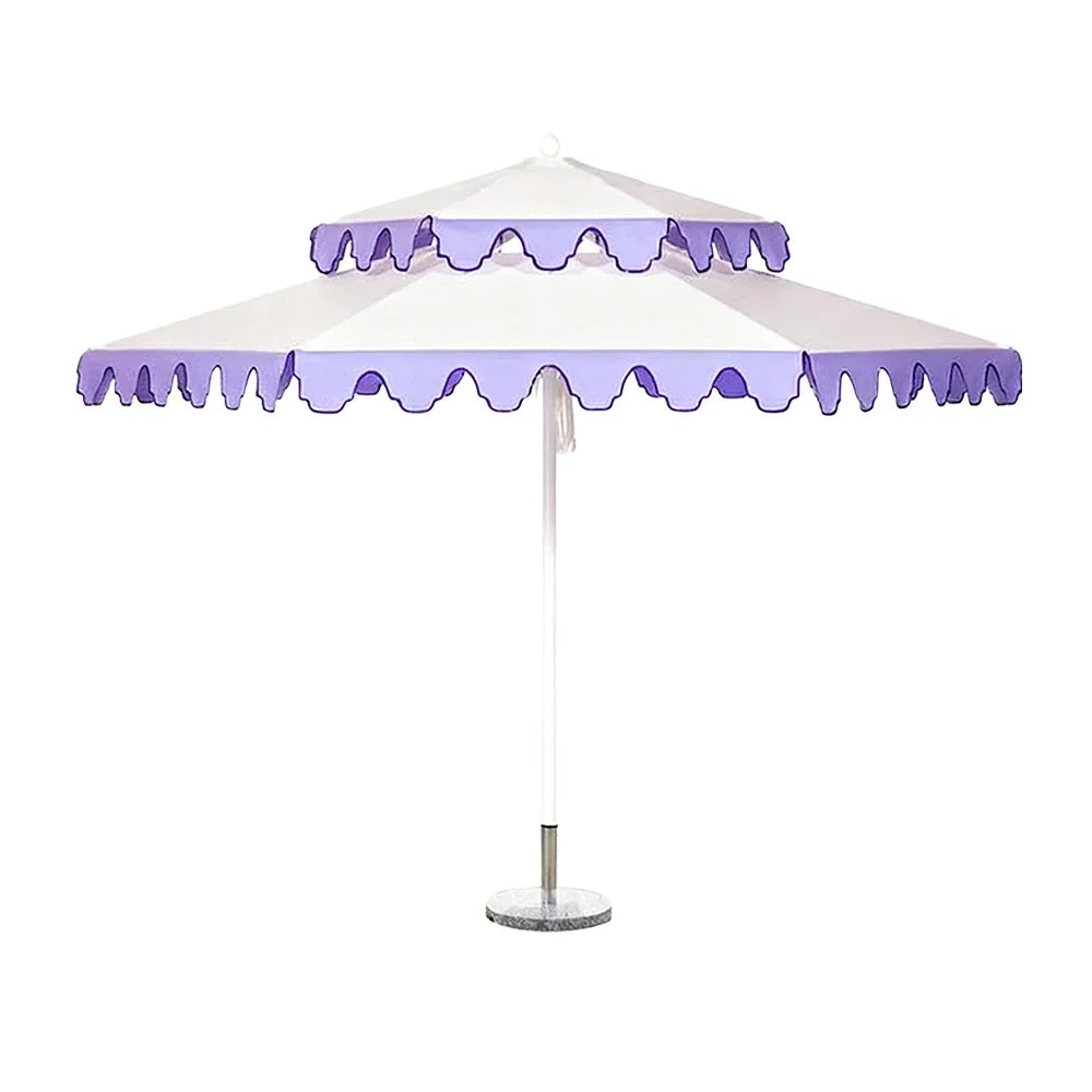 SOLARA Outdoor Patio Umbrella - 250/270cm Round Double-Tier Canopy with French Scalloped Valance, Better Venting & Wind Stability, Sun & Rain Protection, 20kg Marble Base Included - Purple & White