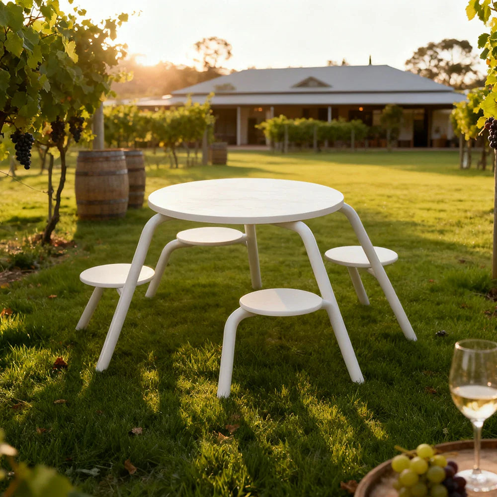 SOLARA 3/4-Seater Carbon Steel Table & Chair Set Ergonomic One-Piece Design High-Temp Coated Finish Stable Load-Bearing Structure - White