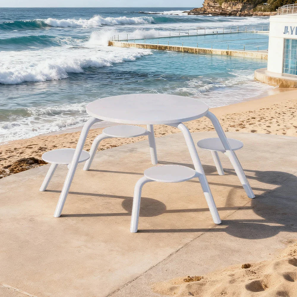 SOLARA 3/4-Seater Carbon Steel Table & Chair Set Ergonomic One-Piece Design High-Temp Coated Finish Stable Load-Bearing Structure - White