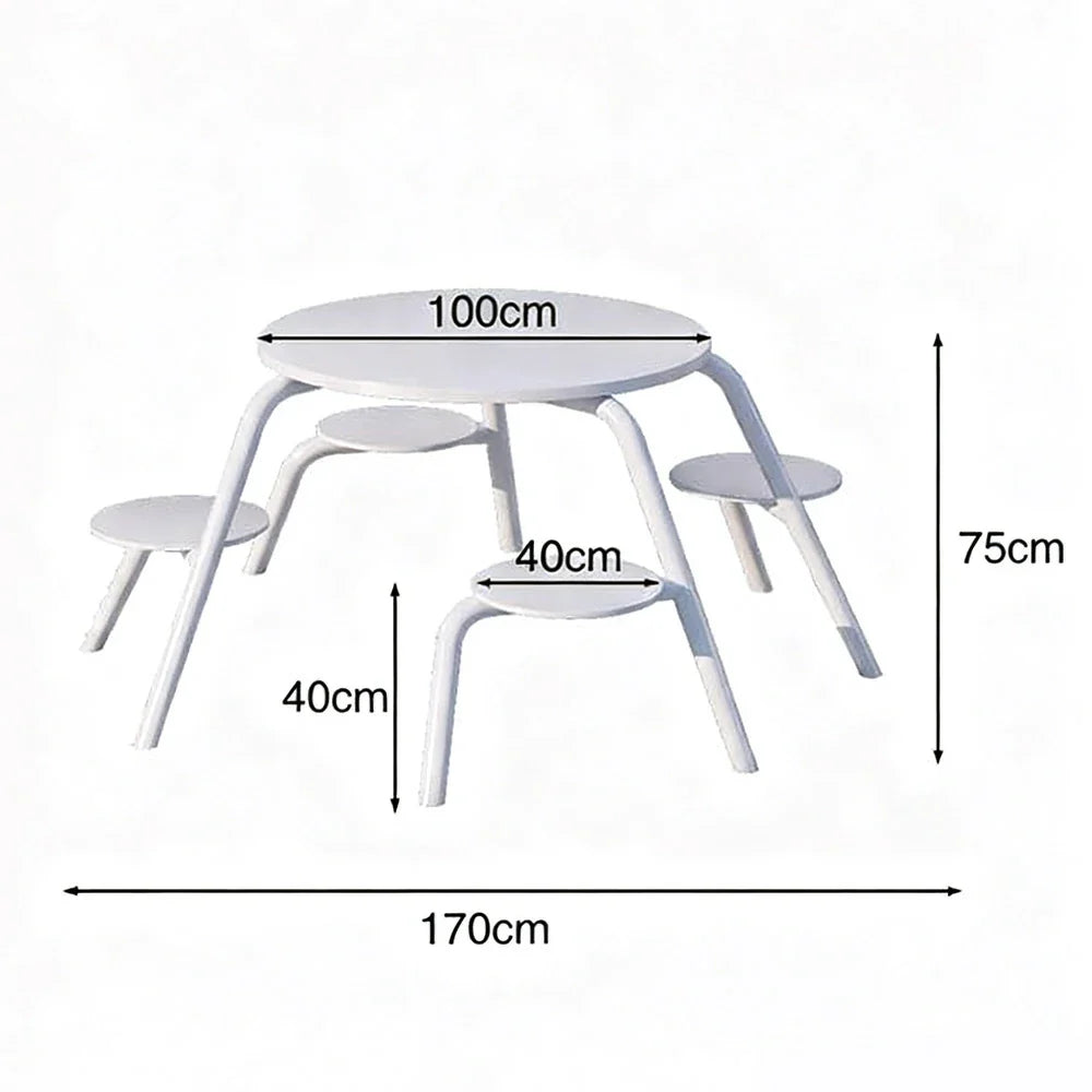 SOLARA 3/4-Seater Carbon Steel Table & Chair Set Ergonomic One-Piece Design High-Temp Coated Finish Stable Load-Bearing Structure - White