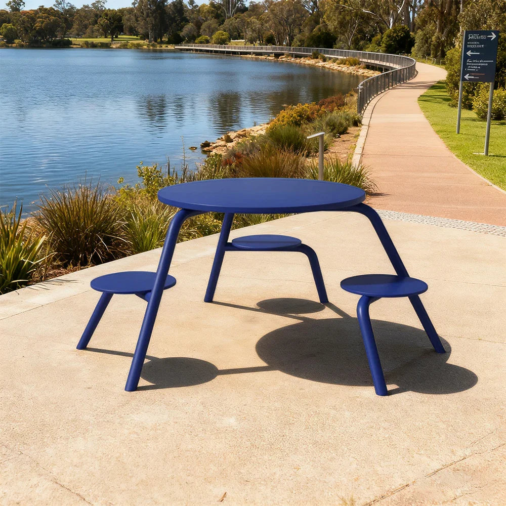 SOLARA 3/4-Seater Carbon Steel Table & Chair Set Ergonomic One-Piece Design High-Temp Coated Finish Stable Load-Bearing Structure - Blue