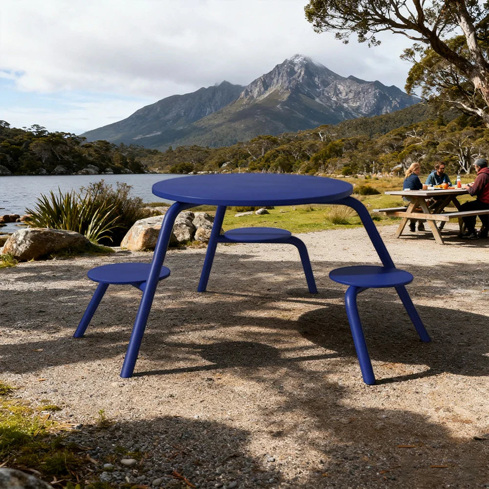 SOLARA 3/4-Seater Carbon Steel Table & Chair Set Ergonomic One-Piece Design High-Temp Coated Finish Stable Load-Bearing Structure - Blue