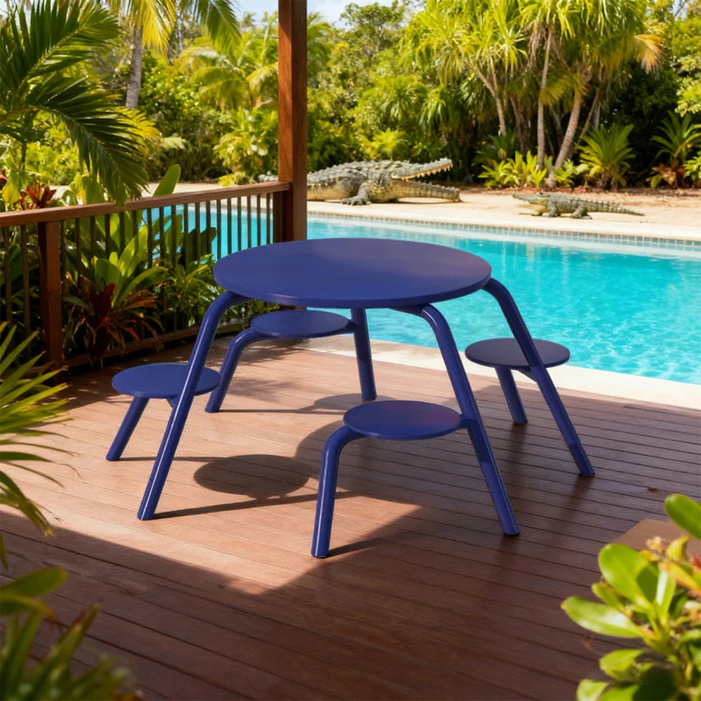 SOLARA 3/4-Seater Carbon Steel Table & Chair Set Ergonomic One-Piece Design High-Temp Coated Finish Stable Load-Bearing Structure - Blue