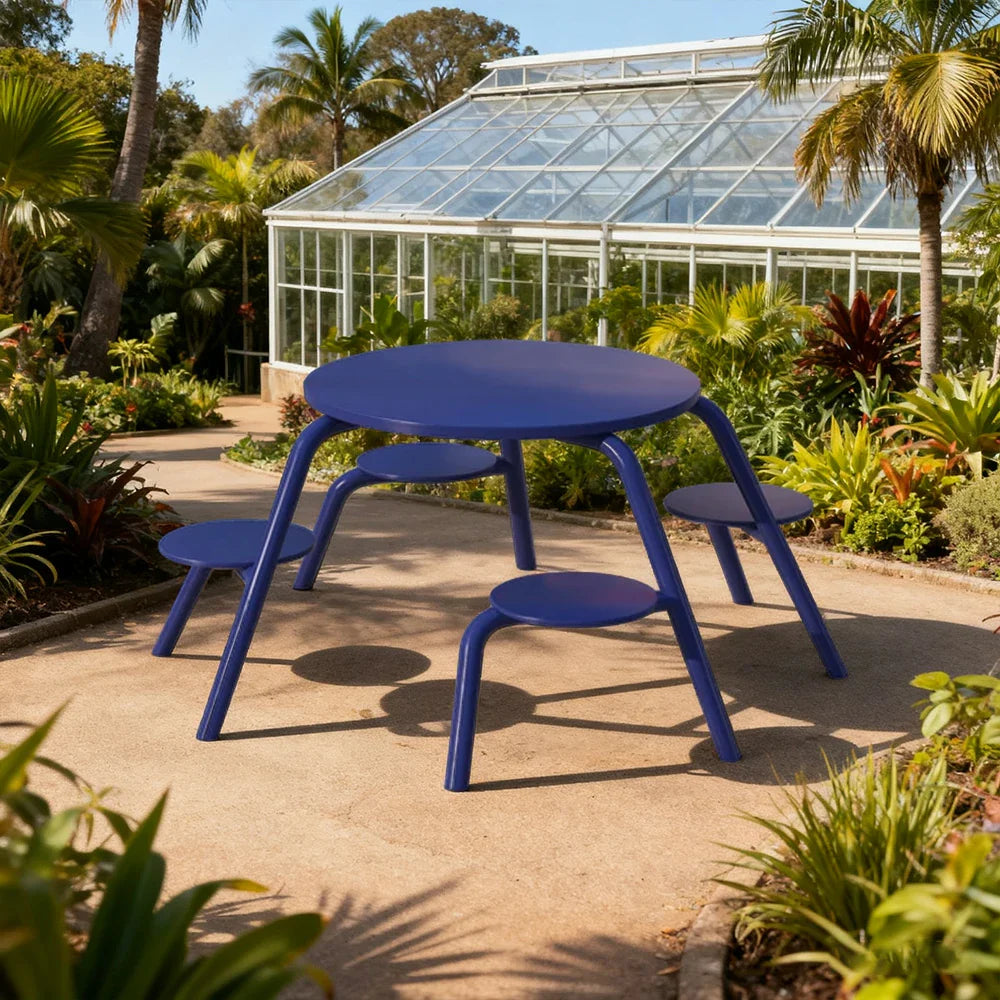 SOLARA 3/4-Seater Carbon Steel Table & Chair Set Ergonomic One-Piece Design High-Temp Coated Finish Stable Load-Bearing Structure - Blue