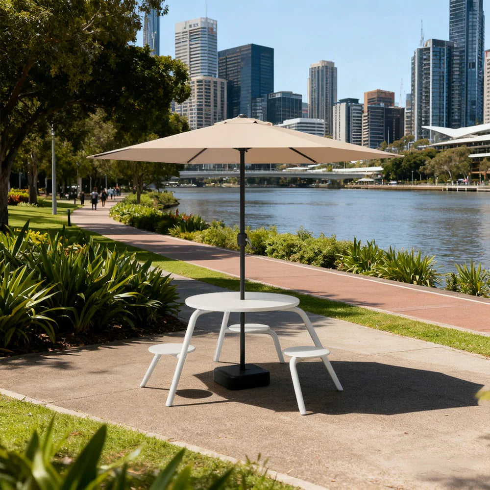 SOLARA 3/4-Seater Carbon Steel Table Chair & Umbrella Set Ergonomic One-Piece Design High-Temp Coated Finish Stable Load-Bearing Structure - White