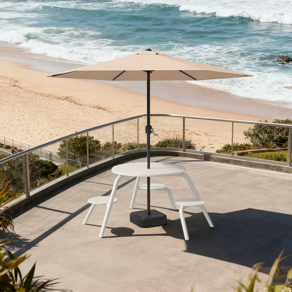 SOLARA 3/4-Seater Carbon Steel Table Chair & Umbrella Set Ergonomic One-Piece Design High-Temp Coated Finish Stable Load-Bearing Structure - White