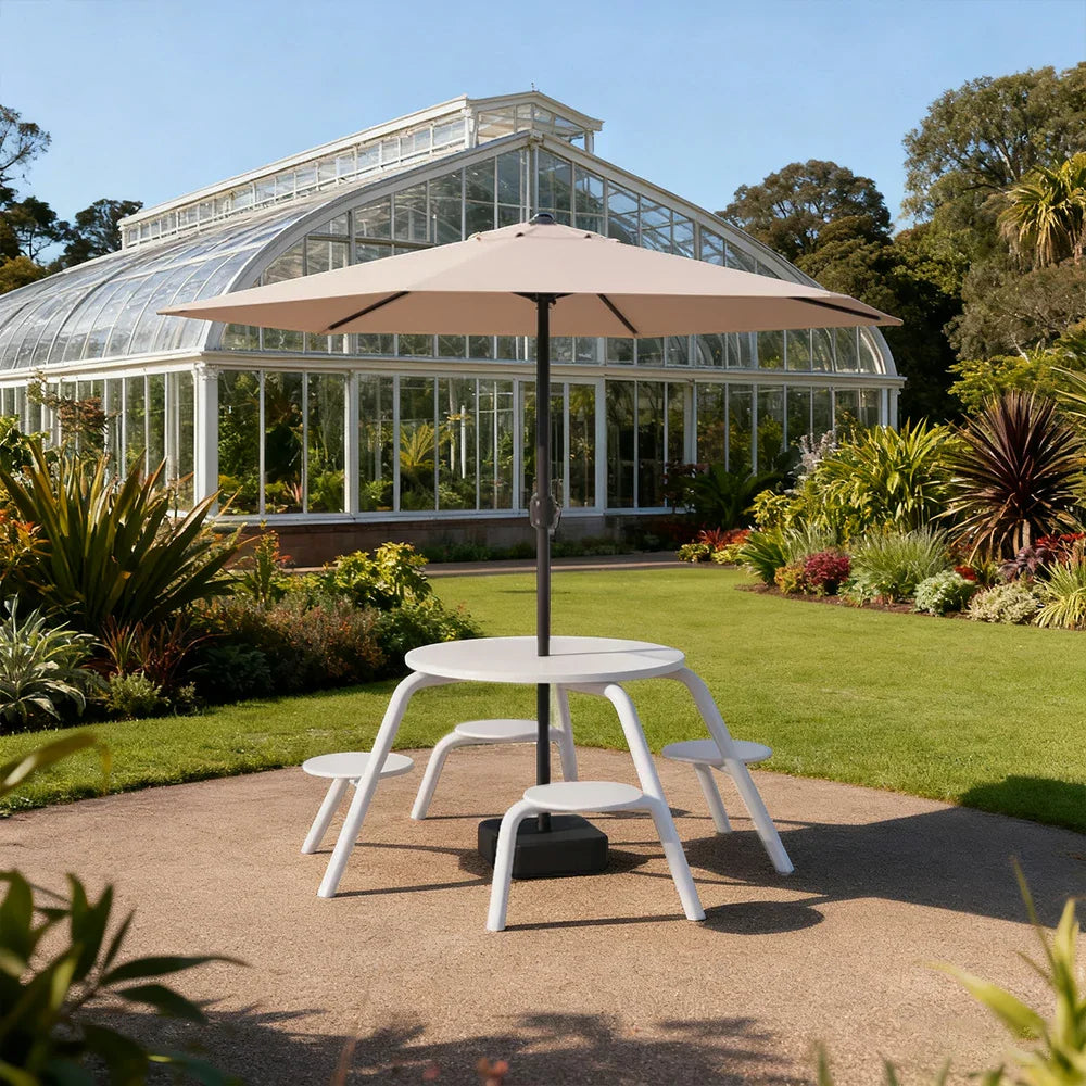 SOLARA 3/4-Seater Carbon Steel Table Chair & Umbrella Set Ergonomic One-Piece Design High-Temp Coated Finish Stable Load-Bearing Structure - White