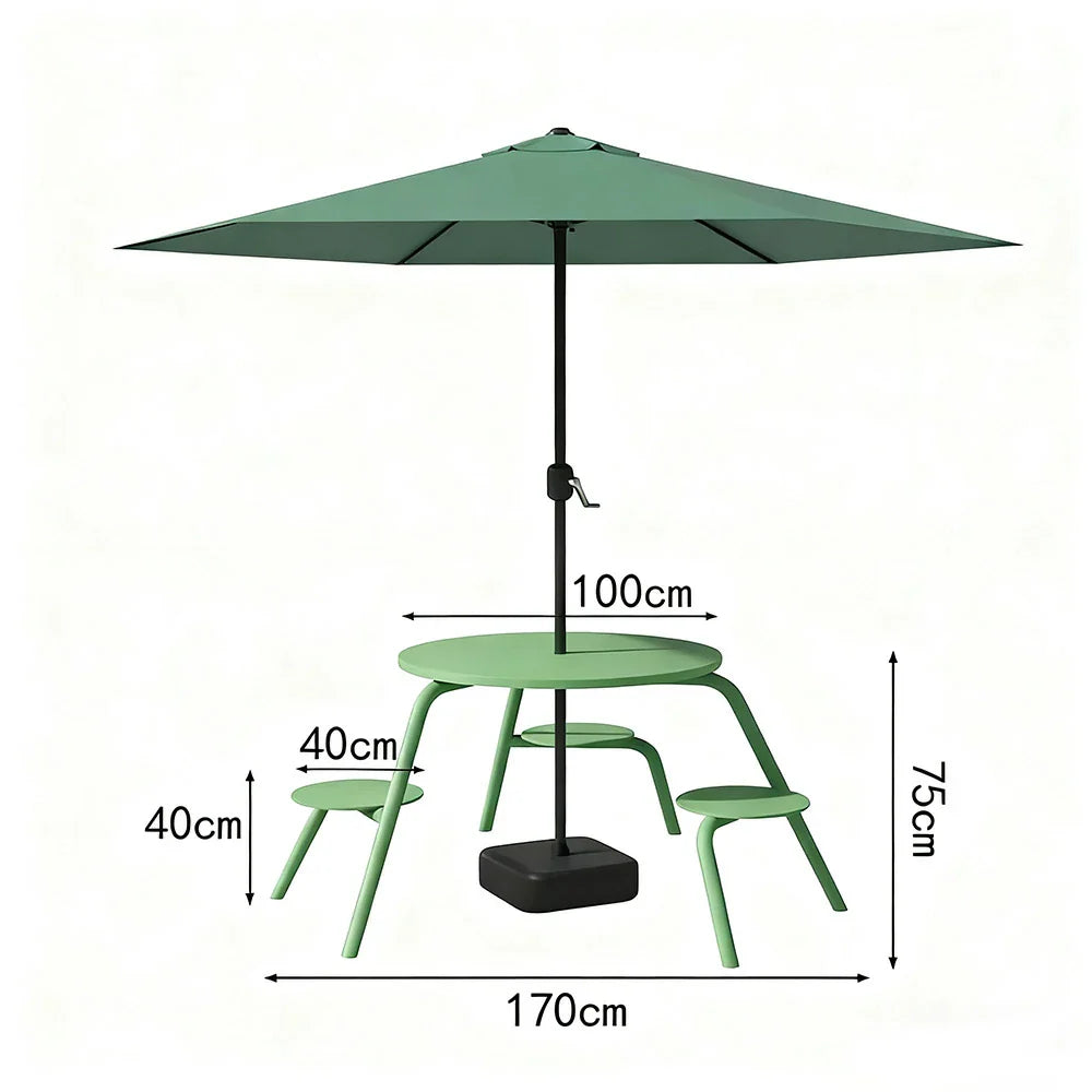 SOLARA 3/4-Seater Carbon Steel Table, Chair & Umbrella Set Ergonomic One-Piece Design High-Temp Coated Finish Stable Load-Bearing Structure - Green