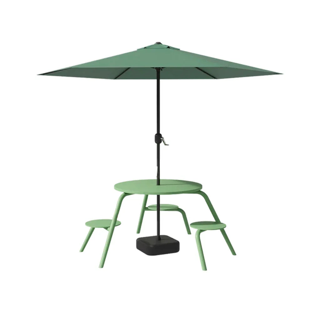 SOLARA 3/4-Seater Carbon Steel Table, Chair & Umbrella Set Ergonomic One-Piece Design High-Temp Coated Finish Stable Load-Bearing Structure - Green