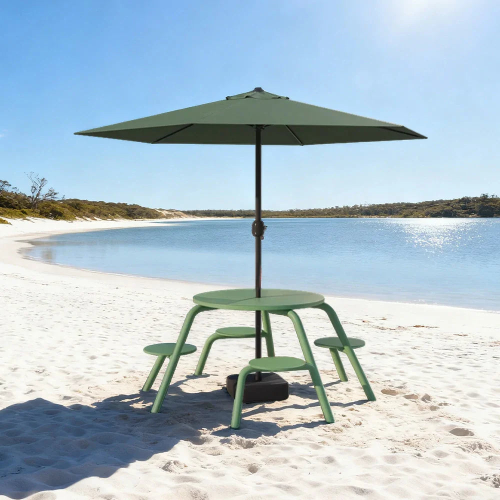 SOLARA 3/4-Seater Carbon Steel Table, Chair & Umbrella Set Ergonomic One-Piece Design High-Temp Coated Finish Stable Load-Bearing Structure - Green
