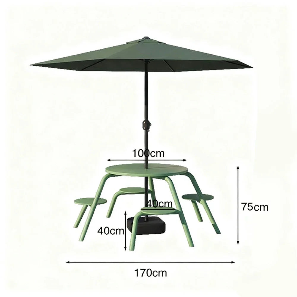 SOLARA 3/4-Seater Carbon Steel Table, Chair & Umbrella Set Ergonomic One-Piece Design High-Temp Coated Finish Stable Load-Bearing Structure - Green