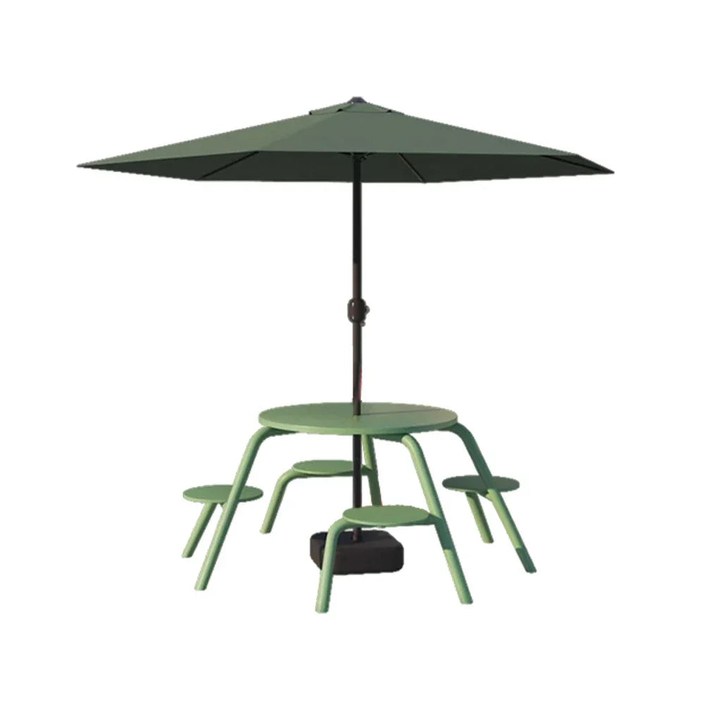 SOLARA 3/4-Seater Carbon Steel Table, Chair & Umbrella Set Ergonomic One-Piece Design High-Temp Coated Finish Stable Load-Bearing Structure - Green