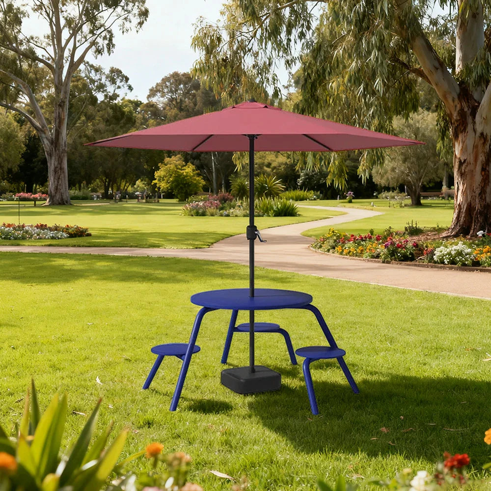 SOLARA 3/4-Seater Carbon Steel Table Chair & Umbrella Set Ergonomic One-Piece Design High-Temp Coated Finish Stable Load-Bearing Structure - Blue