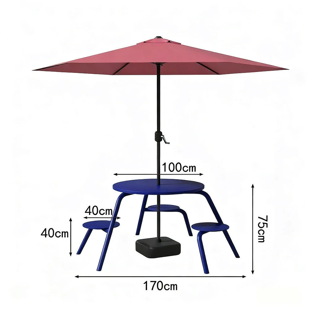 SOLARA 3/4-Seater Carbon Steel Table Chair & Umbrella Set Ergonomic One-Piece Design High-Temp Coated Finish Stable Load-Bearing Structure - Blue