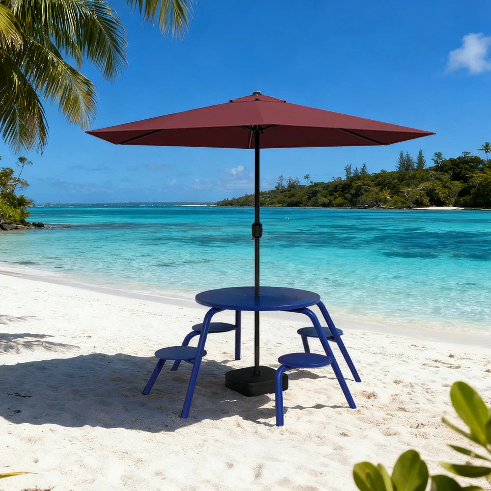 SOLARA 3/4-Seater Carbon Steel Table Chair & Umbrella Set Ergonomic One-Piece Design High-Temp Coated Finish Stable Load-Bearing Structure - Blue