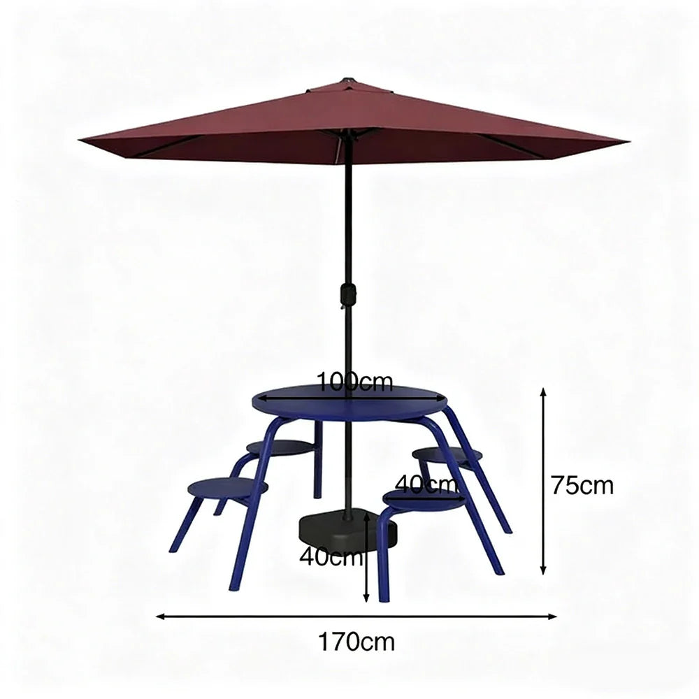 SOLARA 3/4-Seater Carbon Steel Table Chair & Umbrella Set Ergonomic One-Piece Design High-Temp Coated Finish Stable Load-Bearing Structure - Blue