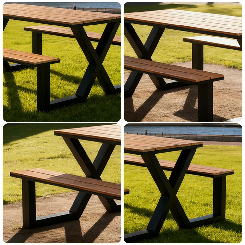 120/160/200cm SOLARA Outdoor Table & Chair Set Waterproof Sun-Resistant Plastic-Wood Surface Carbon Steel Frame Stable Anti-Corrosion Design - Black