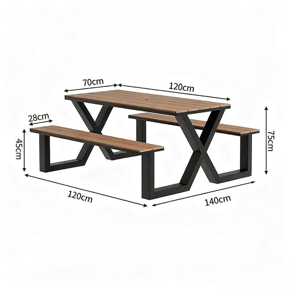 120/160/200cm SOLARA Outdoor Table & Chair Set Waterproof Sun-Resistant Plastic-Wood Surface Carbon Steel Frame Stable Anti-Corrosion Design - Black