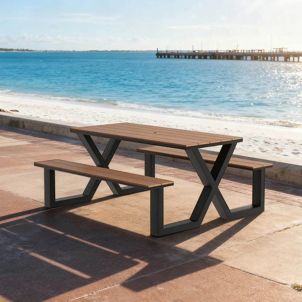 120/160/200cm SOLARA Outdoor Table & Chair Set Waterproof Sun-Resistant Plastic-Wood Surface Carbon Steel Frame Stable Anti-Corrosion Design - Black