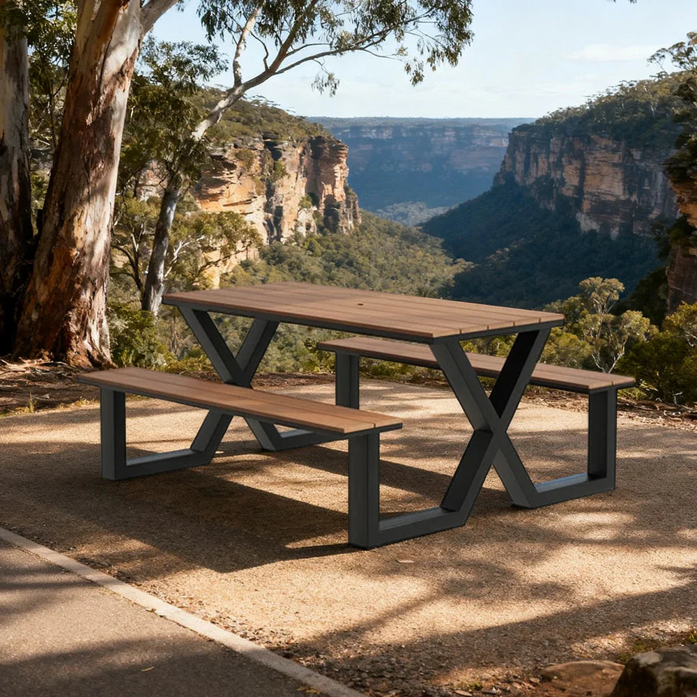 120/160/200cm SOLARA Outdoor Table & Chair Set Waterproof Sun-Resistant Plastic-Wood Surface Carbon Steel Frame Stable Anti-Corrosion Design - Black