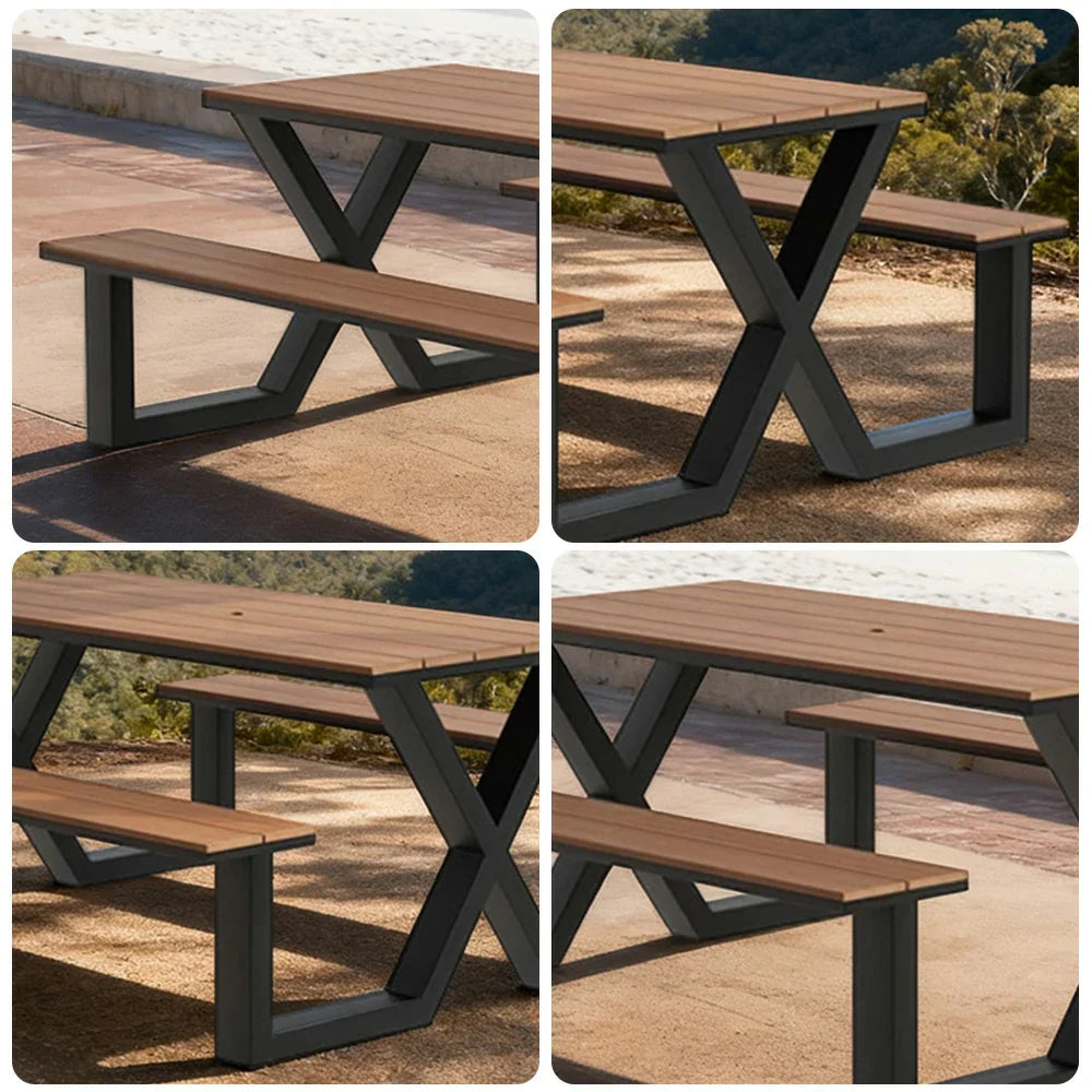 120/160/200cm SOLARA Outdoor Table & Chair Set Waterproof Sun-Resistant Plastic-Wood Surface Carbon Steel Frame Stable Anti-Corrosion Design - Black